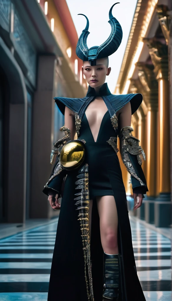 A fashion runway for alien technology , Cyberpunk fashion photography , Inspired by Chinese Xianxia and dark gothic，The fallen gods of Greek mythology，(Best quality,4K,8K,A high resolution,Masterpiece:1.2), (Realistic,Photorealistic,photo-realistic:1.37).