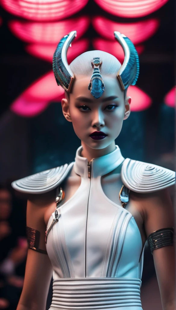 A fashion runway for alien technology , Cyberpunk fashion photography , Inspired by Chinese Xianxia and dark gothic，The fallen gods of Greek mythology，(Best quality,4K,8K,A high resolution,Masterpiece:1.2), (Realistic,Photorealistic,photo-realistic:1.37).