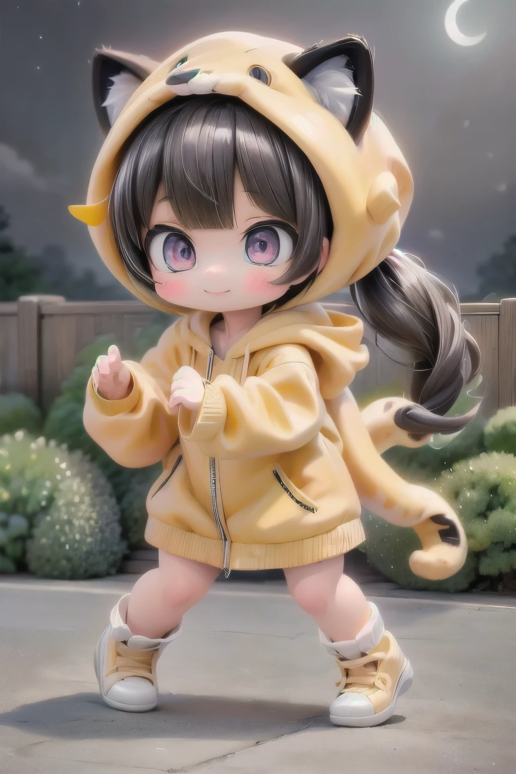 cute chibi girl smiling wearing a (cheetah kigurumi), action pose, dynamic angle, location garden at night, garden outdoors, starry sky, moon