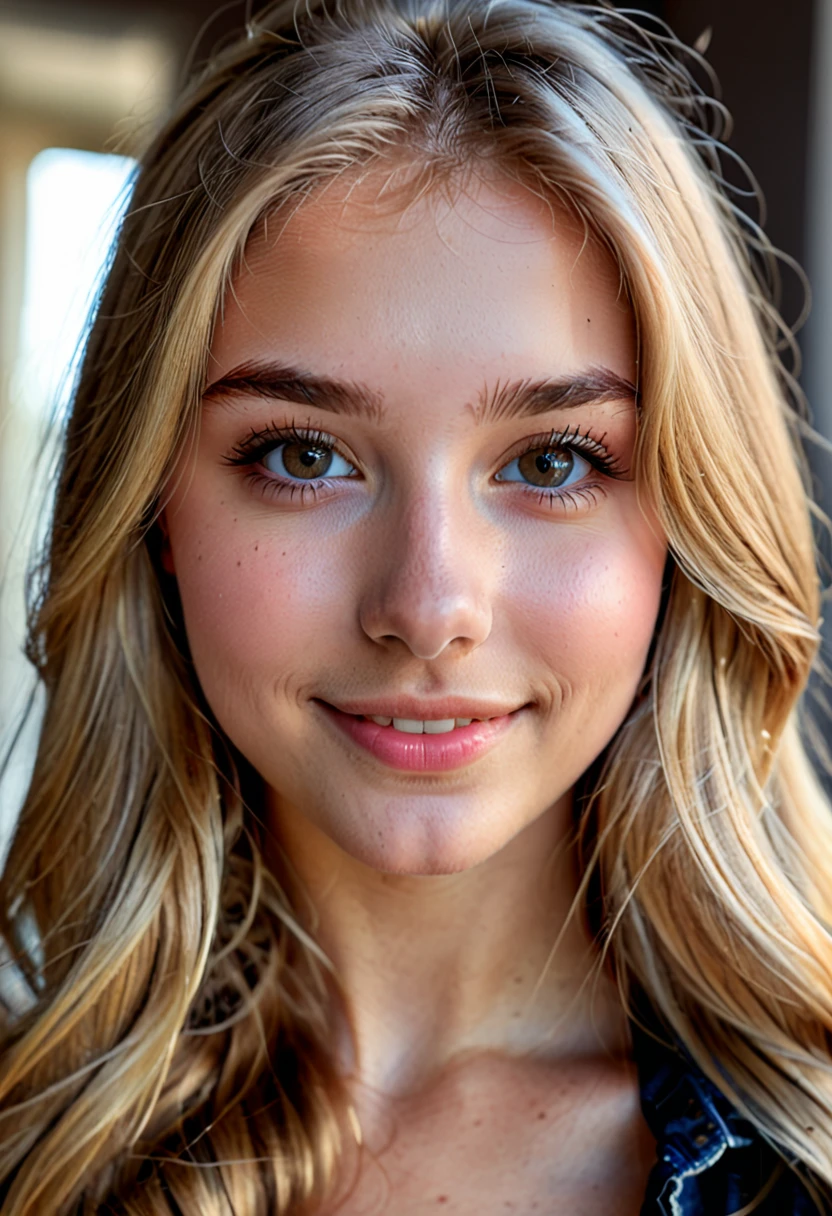 18 year old, round face, button nose, selfie, (4k photo:1.1) by (Jeremy Lipking:0.3), (Dittmann Anna:0.3), (Arian Mark:0.3), (Sharp focus:1.3), high detail, beautiful detailed face, beautiful detailed mouth, beautiful detailed eyes, beautiful detailed nose, hazel eyes, long blonde hair, (attractive young woman:1.3), (seductive:1.1), (smiling:1.1), (blushing:1.1), hourglass body shape
