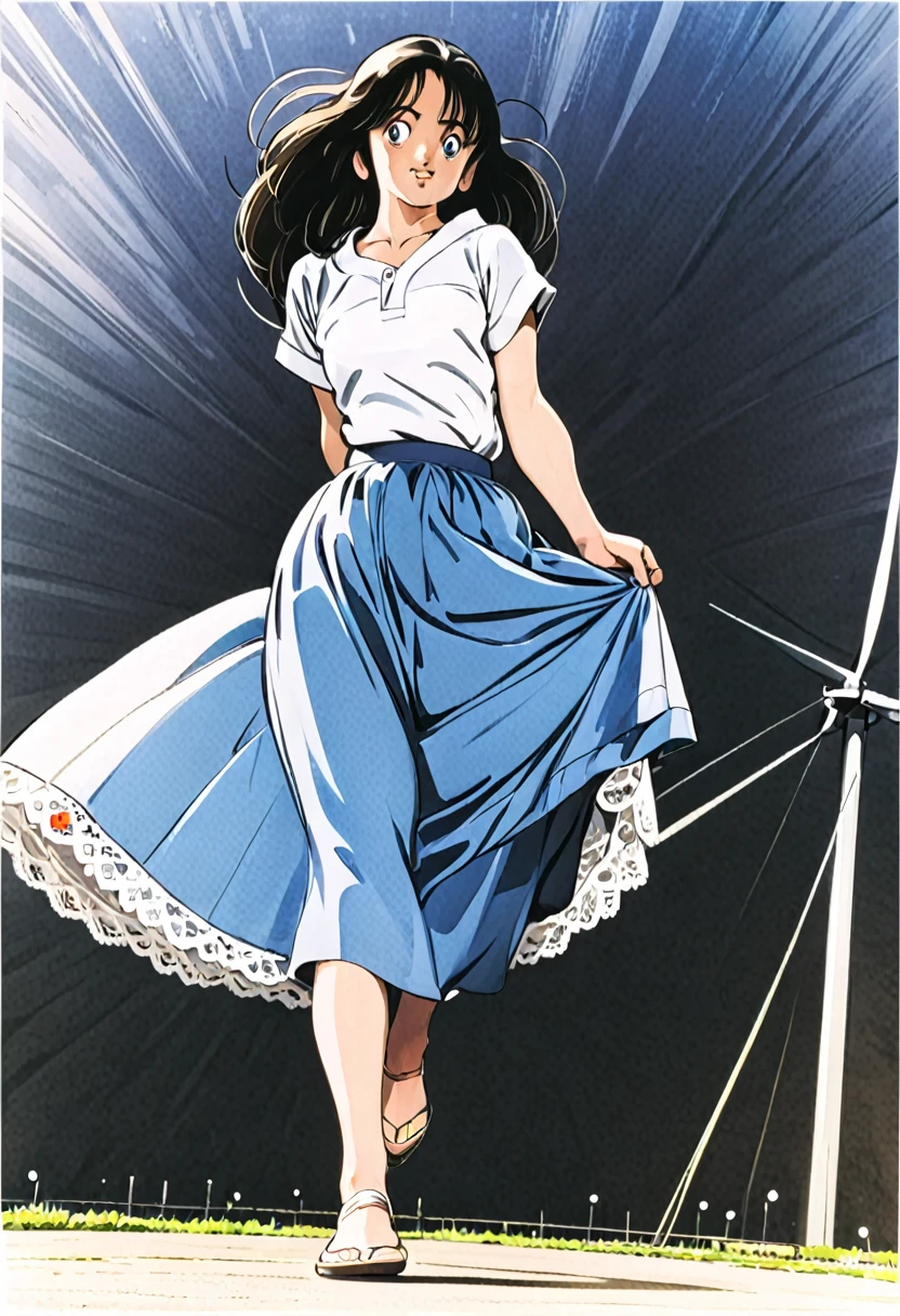 音無響子制服のLong skirt、The color is dark blue、
Low - Angle、制服のLong skirt、The color is dark blue、
Low - Angle、Long skirt、Hold down your skirt that is being blown up by the strong wind、Anime white panties in a strong wind、Crotch is visible
ローレグのパンツ、Color: White、
Crotch is visible、
、Lined、White lace lining、

