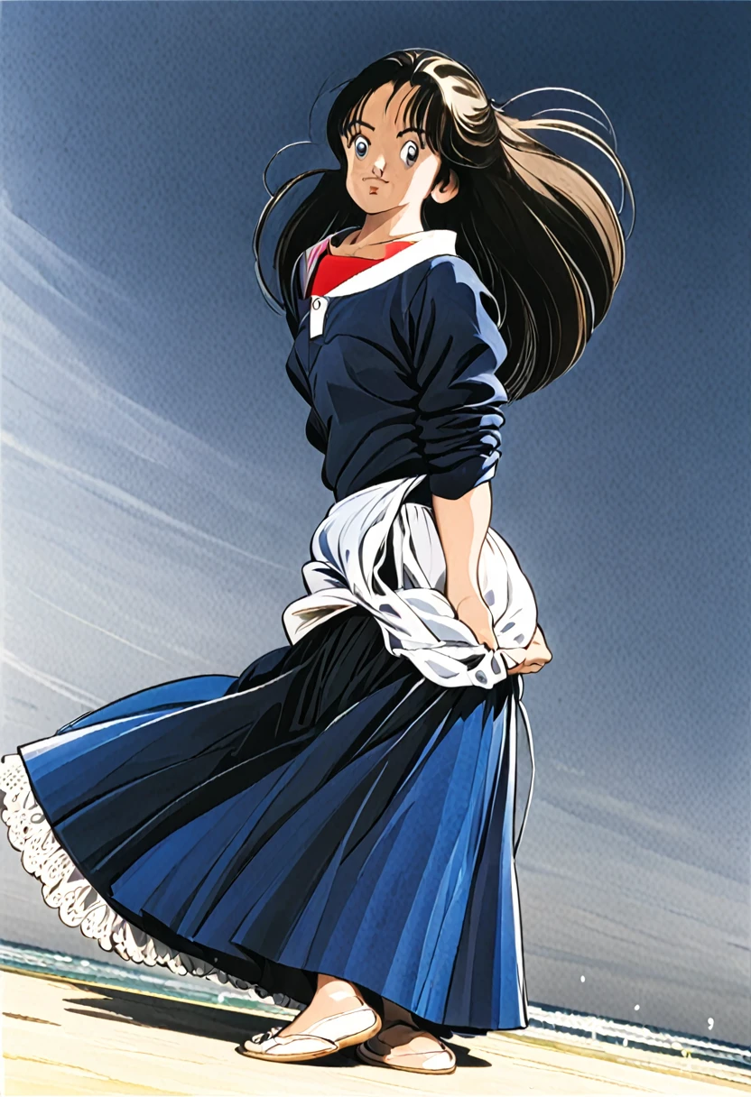音無響子制服のLong skirt、The color is dark blue、
Low - Angle、制服のLong skirt、The color is dark blue、
Low - Angle、Long skirt、Hold down your skirt that is being blown up by the strong wind、Anime white panties in a strong wind、Crotch is visible
ローレグのパンツ、Color: White、
Crotch is visible、
、Lined、White lace lining、
