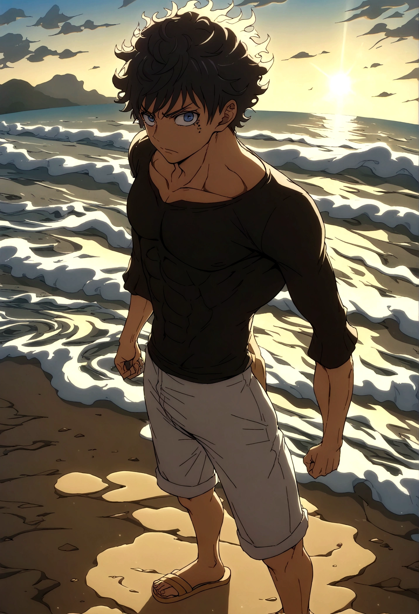 A tall, slim and muscular young man having a handsome appearance with short, wavy black hair and piercing blue eyes wearing comfortable clothing such as a black compression shirt that highlights his muscles and loose, light black pants that matches his shirt and wooden sandals he is standing on the beach with blue sky