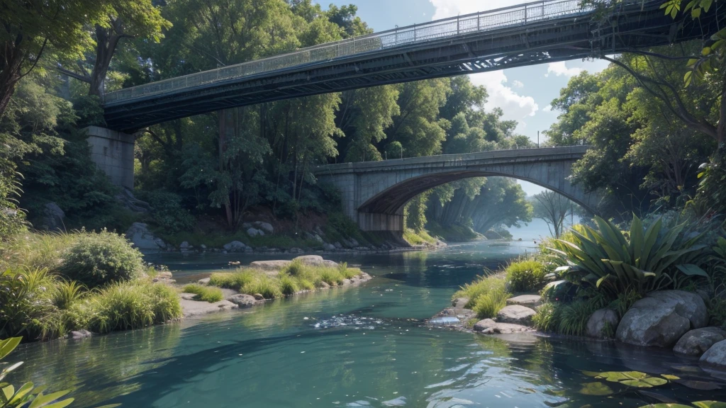 Bridge over an alien river, high resolution, extremely realistic - A futuristic bridge spanning a metallic liquid river on an alien planet, with exotic flora all around and aquatic creatures swimming below. The bridge structure and details of the water environment must be highly detailed.