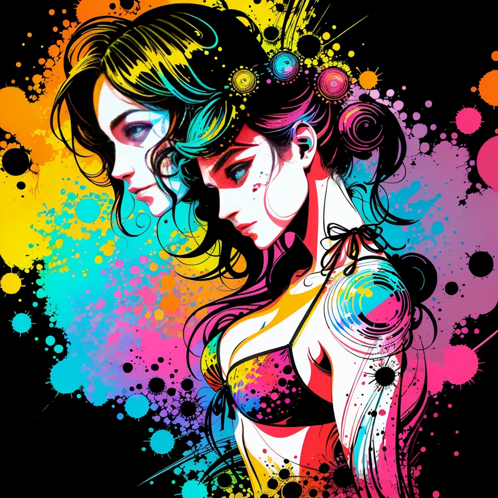 in the style of 0mib，T-shirt design,Side portrait of a bikini girl，Colorful，Prismatic fragments，Doodle lines，Reflect fractal circles，ink spatter，Melted brushstrokes，particles vortex，dramatic  lighting，high high quality， Beautiful，tmasterpiece