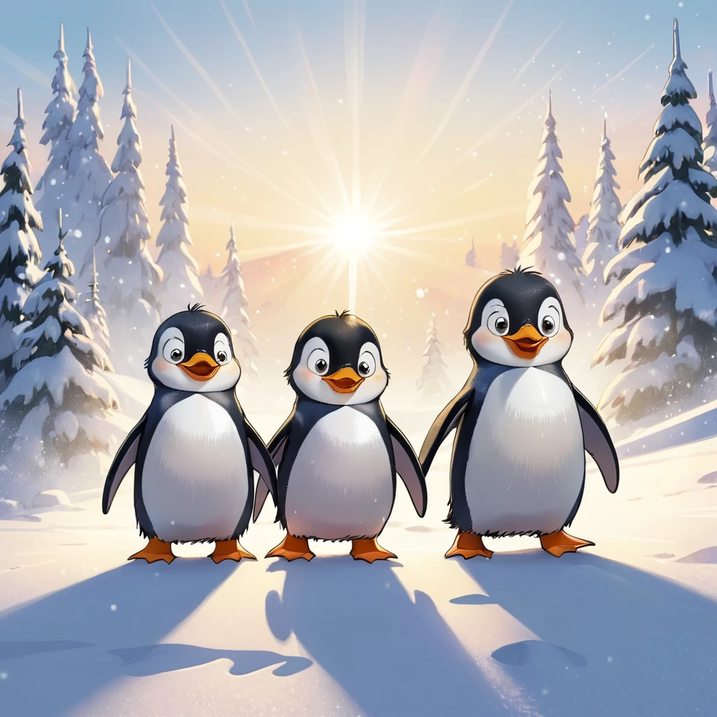 The three penguin children Fridolin, Fips and Frieda, number three, slide down a big hill, auf dem abdomen, abdomen