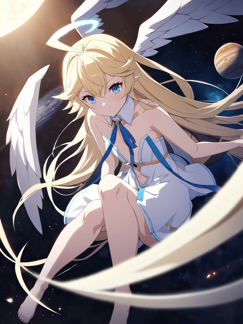 Zaora, blue eyes, (Variegated eyes:0.5), Blonde, Very long hair, Twin Blade, bangs, Ahoge, Hello, Angel, Flat Chest, White Dress, Belly button cutout, Detachable collar, Strapless, Neck ribbon, Bare shoulders, Angel wings, barefoot, One girl, Solo Break Space, planet, Depth of written boundary, Cinematic, masterpiece, Highest quality, Game CG