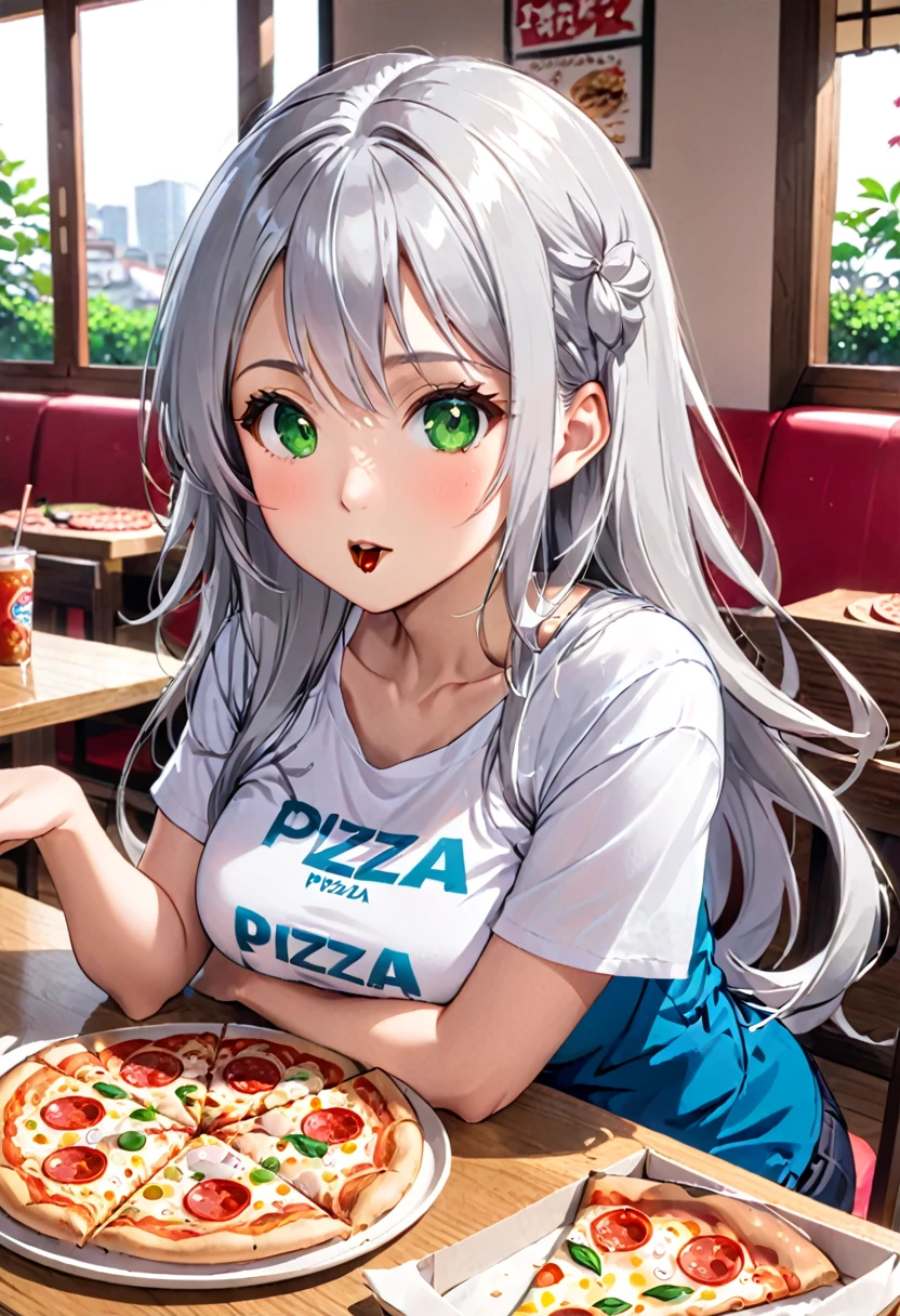 Pretty asian woman, bright silver hair, long hair, green eyes, japanese tshirt, perfect face, busty, sitting at a table, cute pose, about to eat a pizza, anime style 