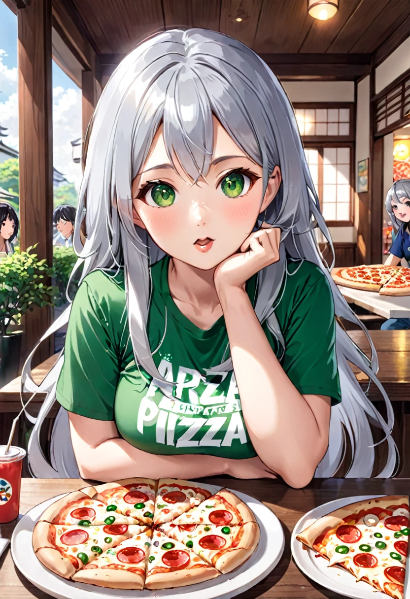 Pretty asian woman, bright silver hair, long hair, green eyes, japanese tshirt, perfect face, busty, sitting at a table, cute pose, about to eat a pizza, anime style 