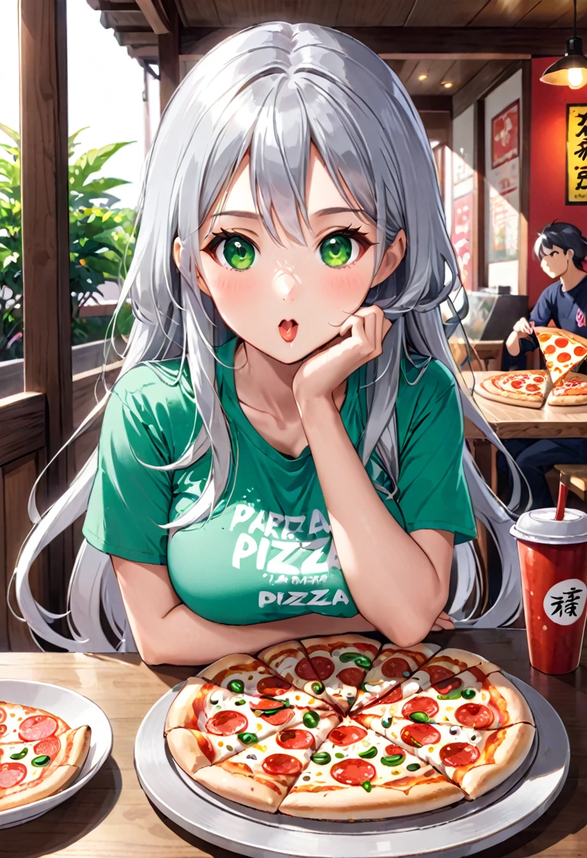 Pretty asian woman, bright silver hair, long hair, green eyes, japanese tshirt, perfect face, busty, sitting at a table, cute pose, about to eat a pizza, anime style 
