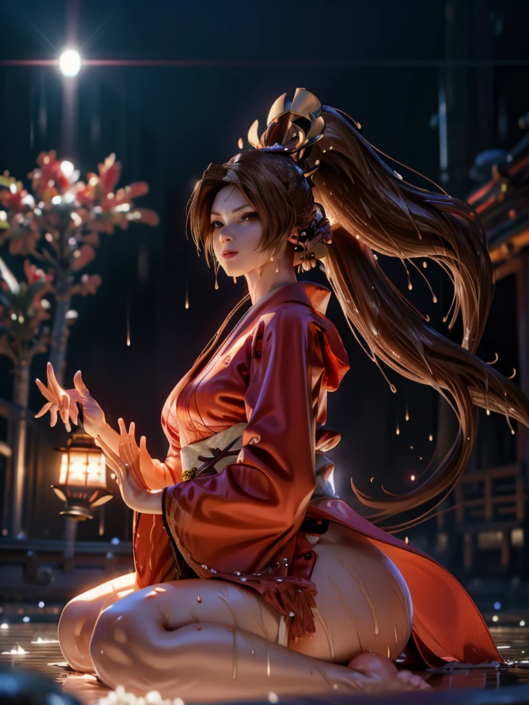 (exquisitely detailed CG unity 8k wallpaper, masterpiece-quality with stunning realism), (best illumination, best shadow), (best quality), (elegant style:1.2), Arti modern anime. angled view, heroic pose, midshot, (cel-shading style:1.3), centered image, ultra detailed closeup portrait of (Mai Shiranui:1) from (King of Fighters), best quality, expressive eyes, perfect face, highres, (ultra details), 1 girl, solo, (brown hair:1), hair ornament, eyeshadow, gold, white and red qipao, highly ornamented, in the city of Japan, portrait, looking at the viewer, piercing eyes, full body, (light from the angle:1) (wind blowing:1.2).(depth of field effects:1.3) (motion action:1.2) (closeup:1.2) (motion blur effects:1), spreading feet, Thin to transparent,see-through,(((Soggy-kimono:1.2))),Lace fabric, (((water-immersed body: 0.9))),jewelry, relaxing pose, (holding an oriental fan:1), (sitting:1) (hands down:1)