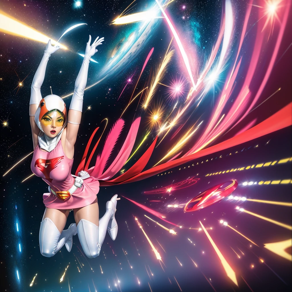 ANI_CLASSIC_jun_gatchaman_ownwaifu,1girl, 15 years old,good anatomy, masterpiece, best quality,realistic, hyperrealistic, 16k hdr,breasts,green eyes,lips,large breasts,lipstick,makeup,gloves,cape,helmet,belt,elbow gloves,white gloves,mask,ultra miniskirt,leotard,spacesuit,white tight overknee highheels boots,pink dress,superhero,bodysuit,cleavage,erected nipples,((jumping poses,arms up straight)),cameltoe