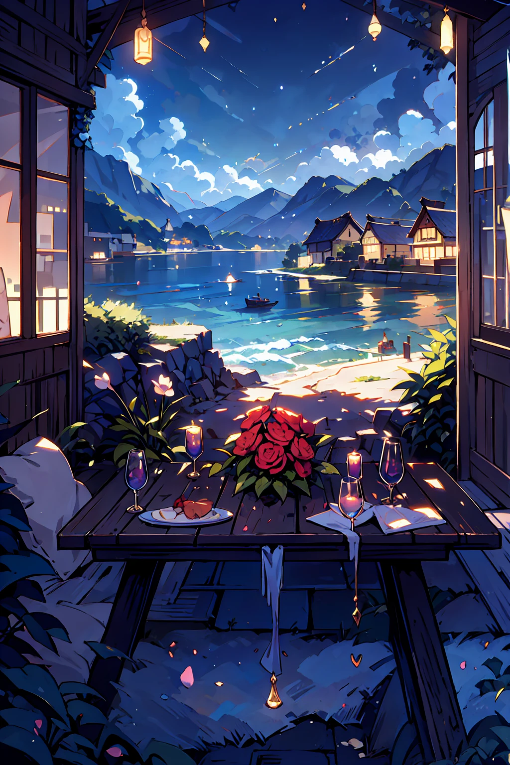 Very detailed,Pieces fly, Highest quality, Anime Images, Anime style etc.., Hired \(Genshin Impact\), Sit at the table, View from above, smile, 1 Girl, Twin Horn, Ticker,Fits your body type, I can see the pussy , blush, Colorful pastel fantasy,Sexy pose,Very detailedな背景,Nice views,Beautiful and beautiful scenery,((Very detailedな風景)),Incredibly high quality,Night Sky
