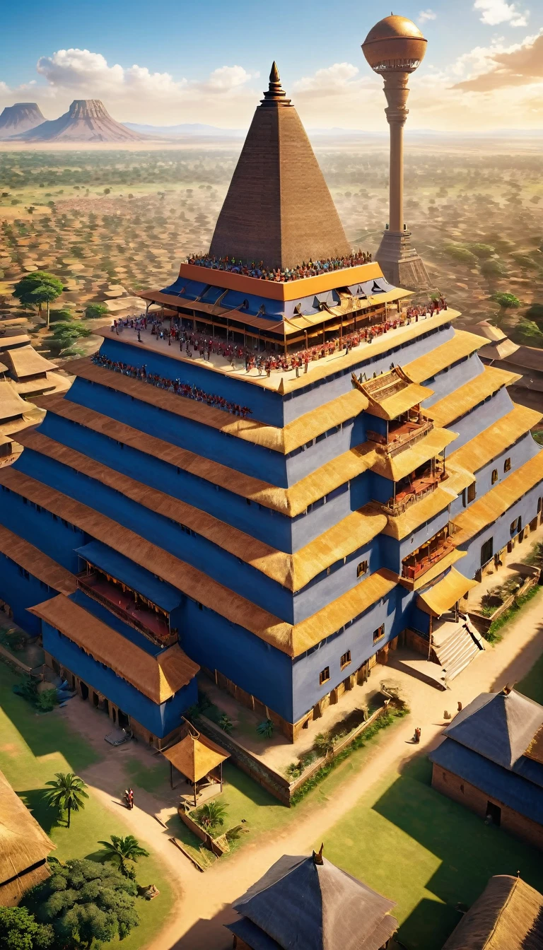 a very large african traditionnal empire, many houses, big civilisation, african sunchine, detailed, diverse people, colorful , towering monuments, aerial view, establishing shot, cinematic lighting, dramatic shadows, vibrant colors, photorealistic, 8k, HDR, hyper detailed, masterpiece, empire, sunbchine; good vibes 