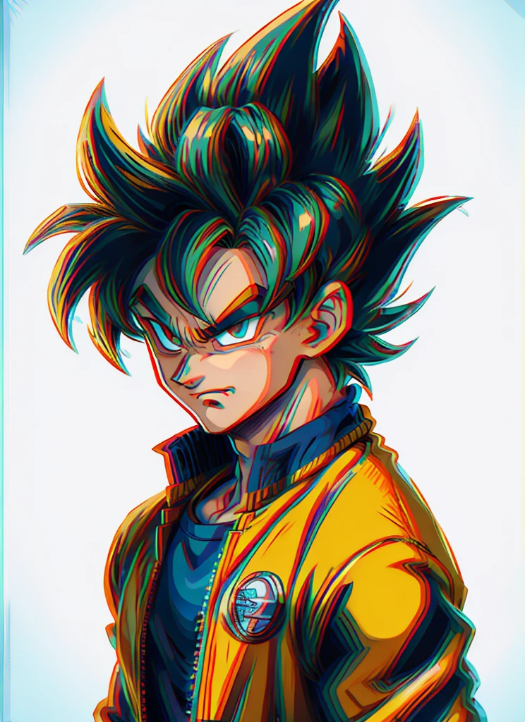 1man, solo, (masterpiece), best quality, ultra-detailed, Son Goku from Dragon Ball Z, super saiyan hair, Retro style, full body. fashion cloth, orange jean jacket,blue shirt, fancy, portrait, upper body, face detail, eyes detail: 1.3, simple background, green eyes, blue shirt, white background, ((yellow shiny hair)), ultra instinct
