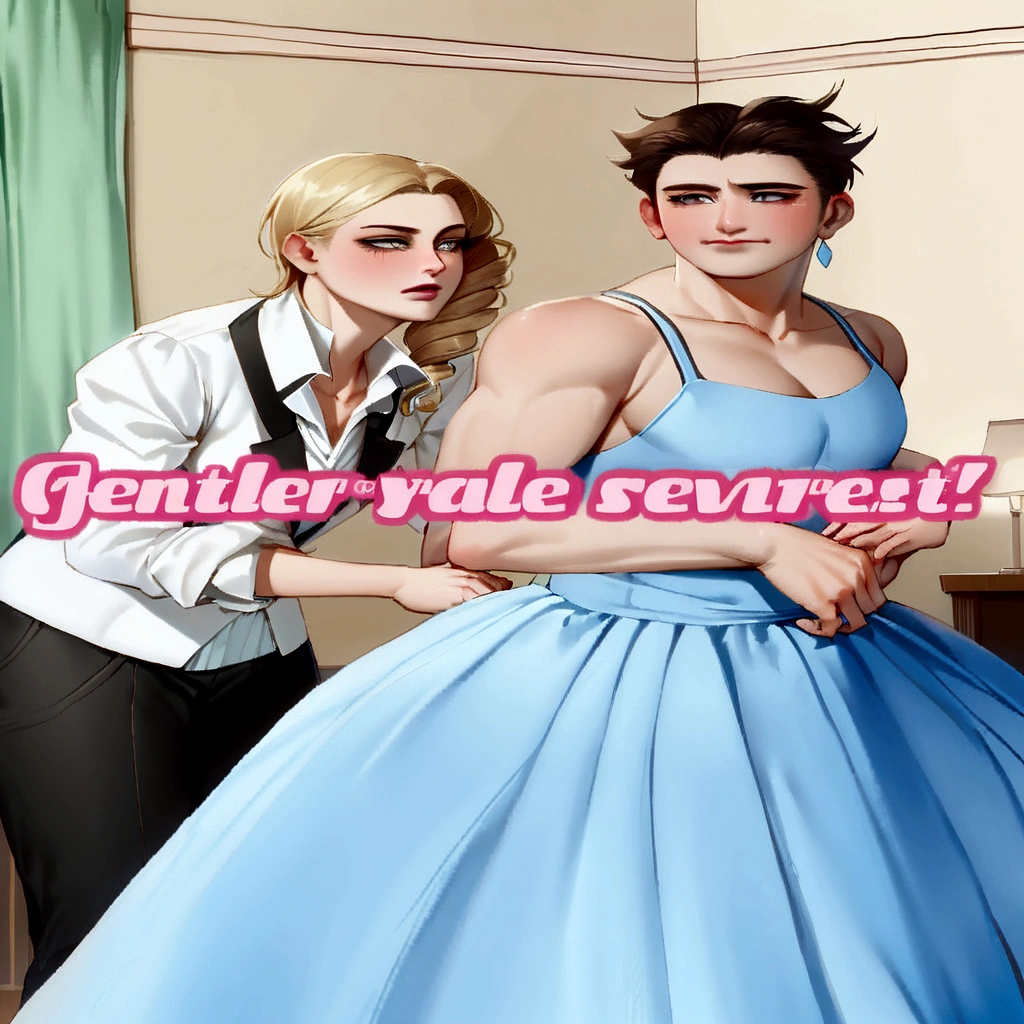 1girl, 1 boy , (((genderswap, genderless, madonna genderbend elegant, reverse, gentle femdom))), romance novel cover, half male and half female, promo art, !female, male!!!!!!!, inspired by Guido Reni, guido reni style, androgynous person, (((extremely gendered))) , very beautiful girl , very pretty boy , girl hugging boy from behind , girl wearing a jeans , boy wearing a dress, the girl stands behind the boy and opens her arms and is ready to hug the boy and is in a sexy position, and the boy stands in front and is shy and embarrassed by coddling and flirting
