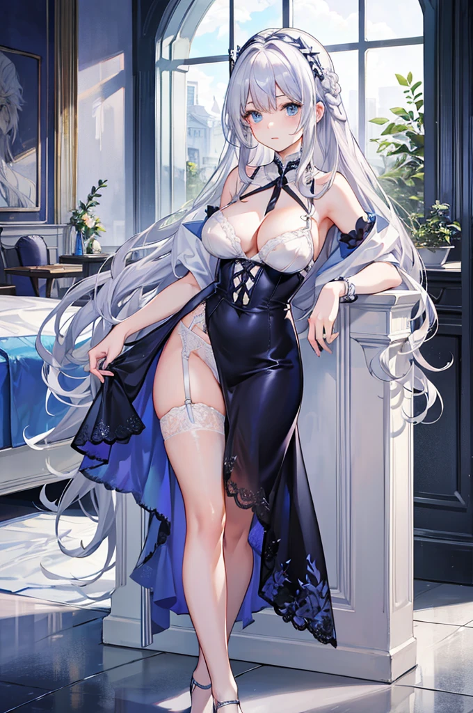 Silver hair and blue eyes、adult、Long, fluffy wavy hair、Braiding、Wearing lingerie、garter belt、race、Classy and elegant、I&#39;m in bed