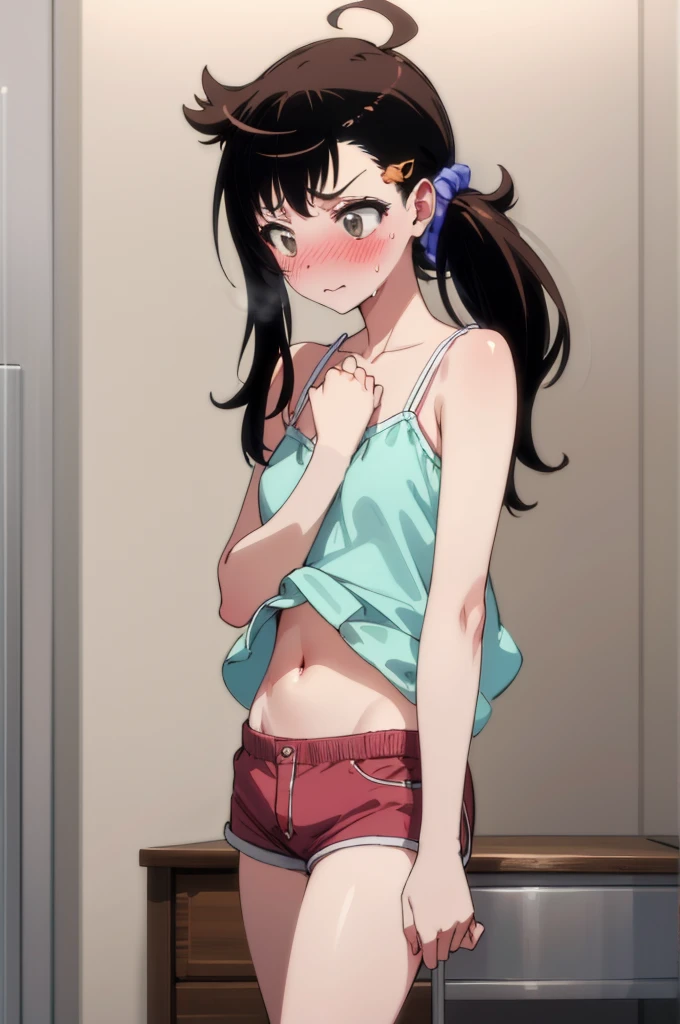 masterpiece, best quality, absurdres, 
1girl, , sweating, blush, ,my room,camisole,navel, shorts,socks