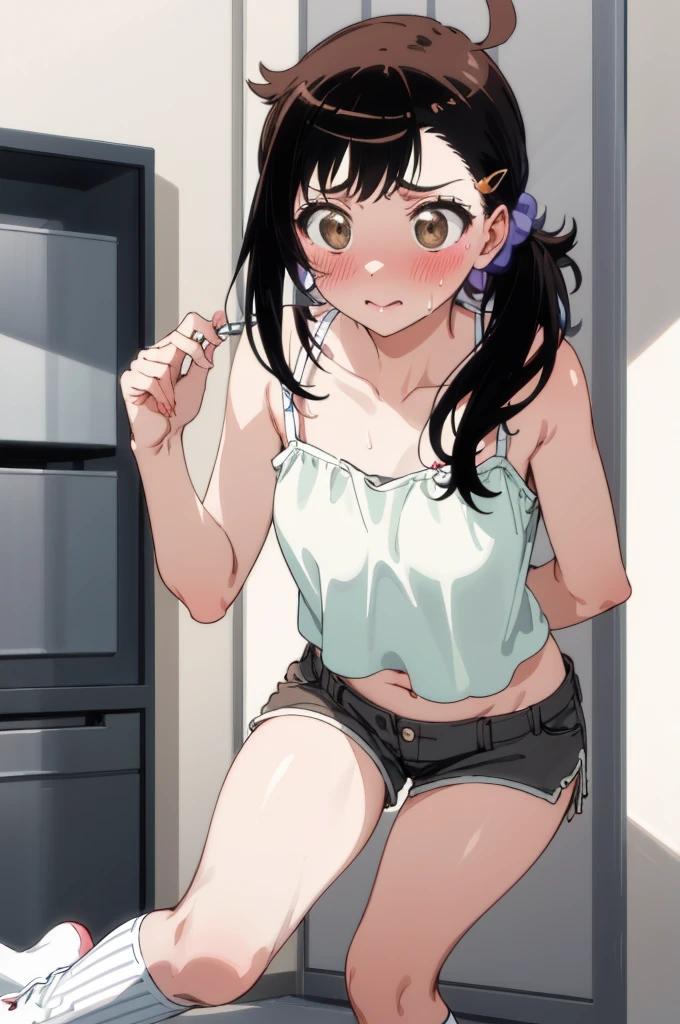 masterpiece, best quality, absurdres, 
1girl, , sweating, blush, ,my room,camisole,navel, shorts,socks