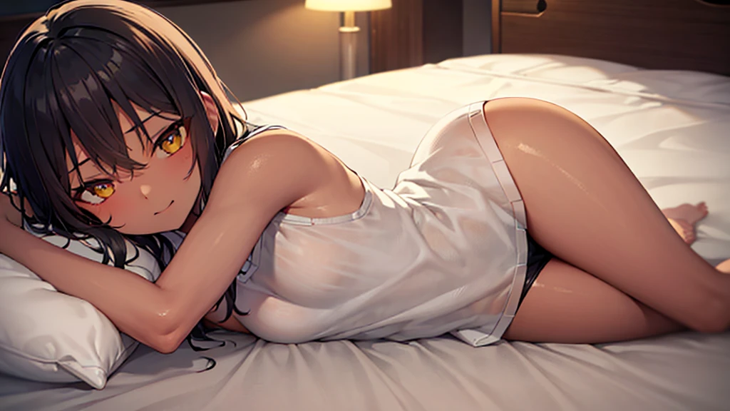 best god quality, Ultra-detailed, perfect Anatomy, (Draw a girl laying in a hotel bed), (lights are off), dark room, room is dark, 1girl, is a soft beautiful tan girl, wearing black pajama shorts, dark skin girl, tan line skin, (dark skin*2), (black + short wavy hair*1.2), Full limbs, complete fingers, groin, Beautiful gold eyes, yellow eyes, well-proportioned tan girl, smug eyes, dark pajama shirt, dark pajama bottoms, in a dark hotel room, High resolution, Best lighting by professional AI, hotel room, lights are off, looking at viewer, (((One girl in middle))), (((SOLO))), (they are laying down in bed) ((bed sheets over body))