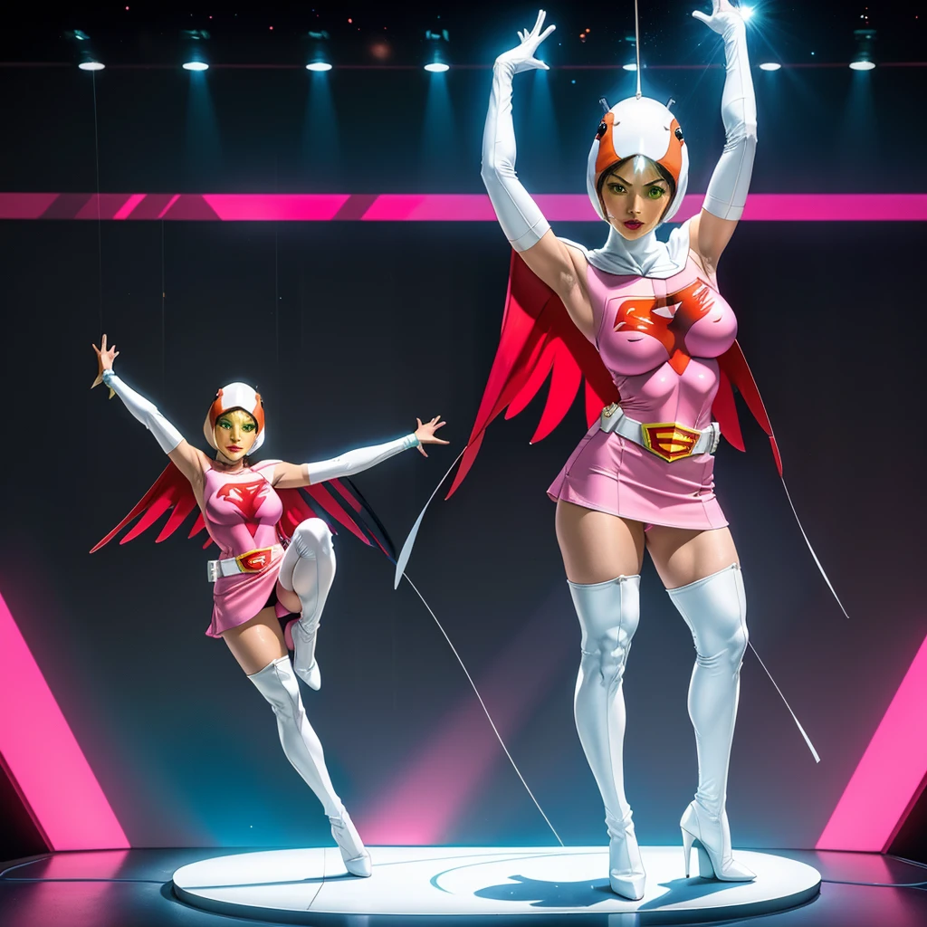 ANI_CLASSIC_jun_gatchaman_ownwaifu,1girl, 15 years old,good anatomy, masterpiece, best quality,realistic, hyperrealistic, 16k hdr,breasts,green eyes,lips,large breasts,lipstick,makeup,gloves,cape,helmet,belt,elbow gloves,white gloves,mask,ultra miniskirt,leotard,spacesuit,white tight overknee highheels boots,pink dress,superhero,bodysuit,cleavage,erected nipples,((standing pose,spread legs, arms up straight)),cameltoe