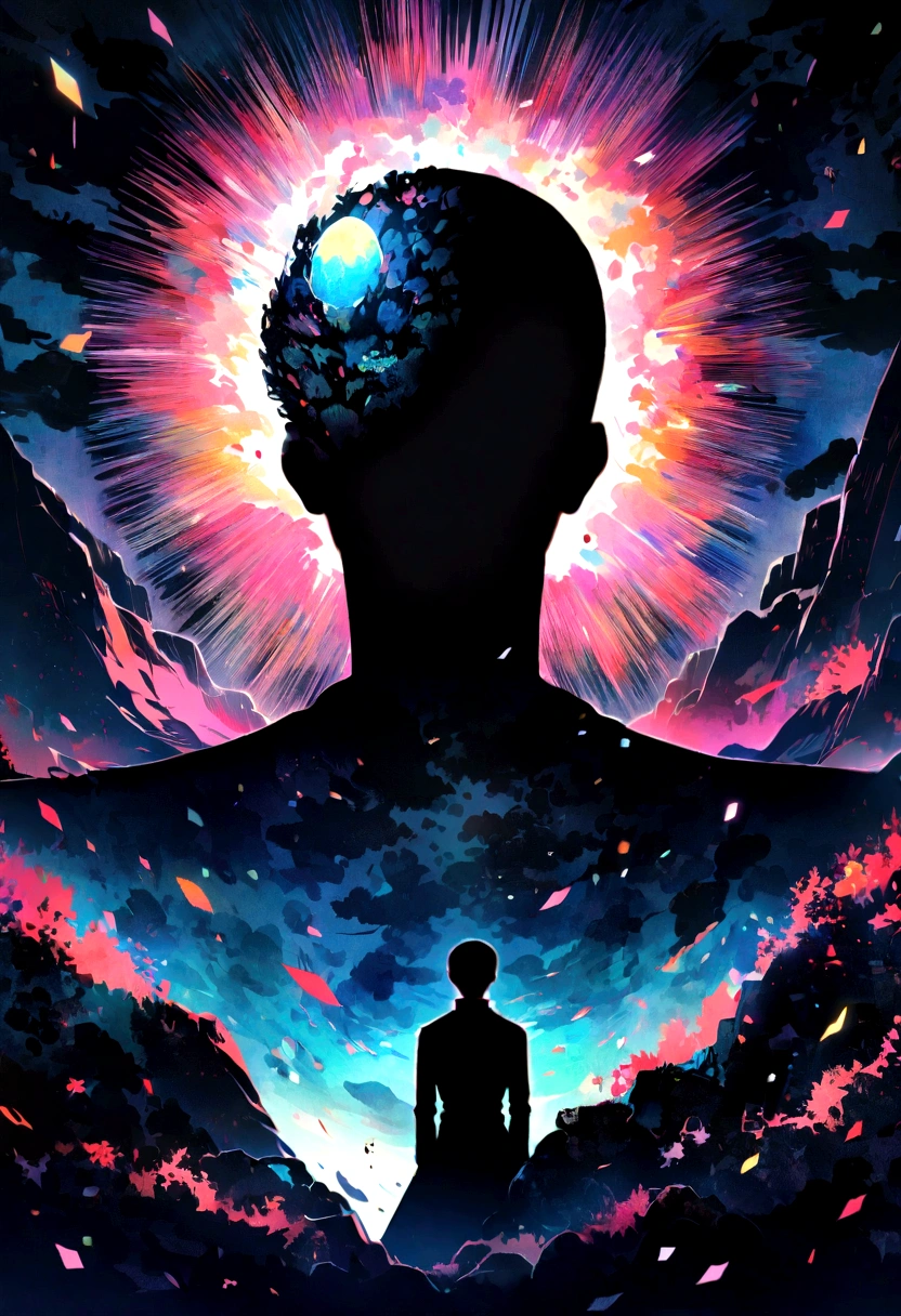 a person silhouette , stone, Texture, Tall, Majestic, The background is illuminated by sunlight，inverted image, colourful lights coming ou from the head
