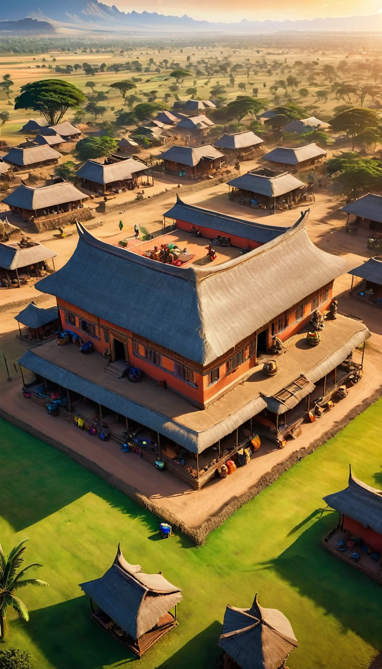 a very large african traditionnal empire, many houses, big civilisation, african sunchine, detailed, diverse people, colorful , aerial view, establishing shot, cinematic lighting, dramatic shadows, vibrant colors, photorealistic, 8k, HDR, hyper detailed, masterpiece, empire, sunbchine; good vibes