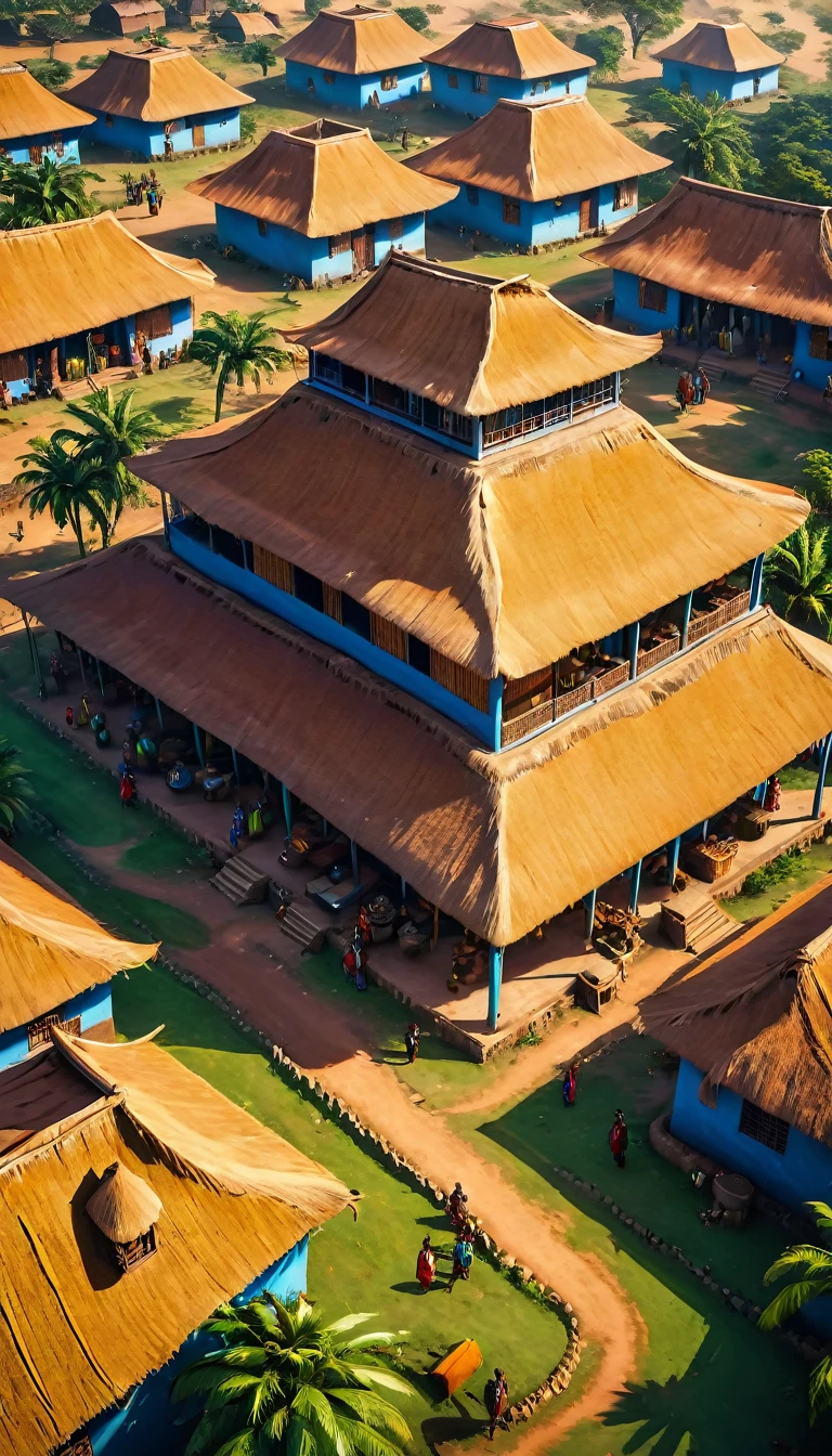 a very large african traditionnal empire, many houses, big civilisation, african sunchine, detailed, diverse people, colorful , aerial view, establishing shot, cinematic lighting, dramatic shadows, vibrant colors, photorealistic, 8k, HDR, hyper detailed, masterpiece, empire, sunbchine; good vibes