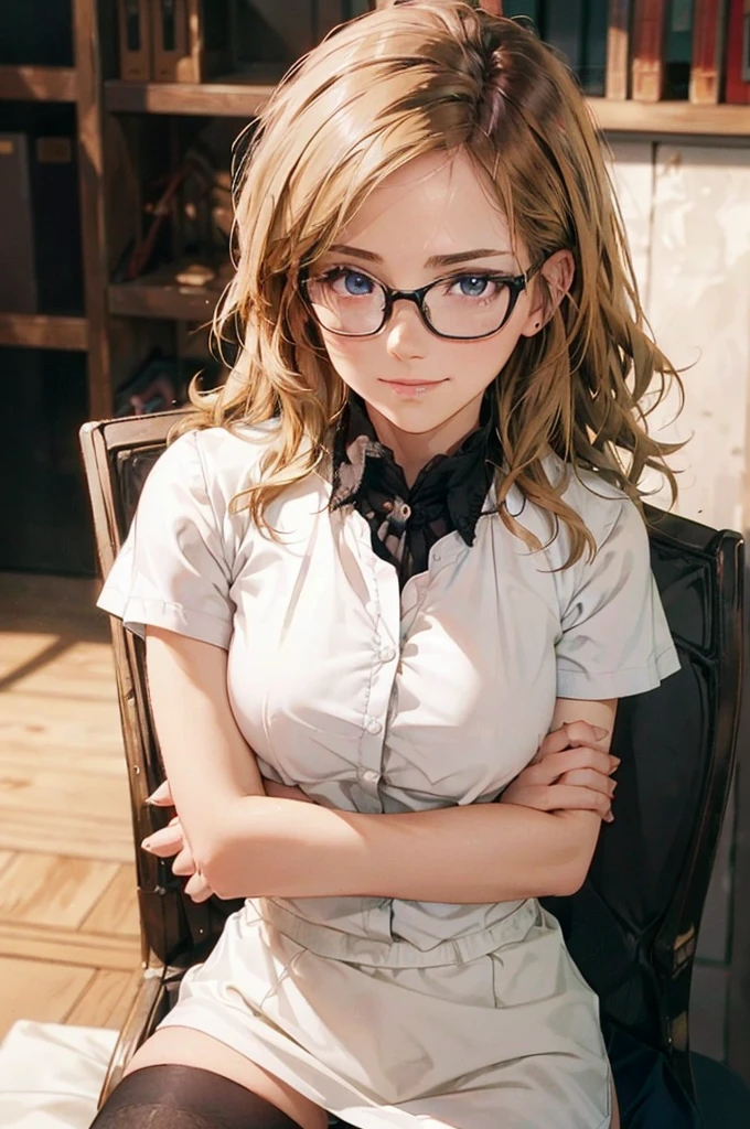 Masterpiece, 最high quality, high quality, High resolution, high quality texture, high quality shadows, High resolution, Beautiful details, Detailed CG, Detailed Texture, Realistic representation of face, Realistic, colorful, delicate, Cinematic Light, Side light, Lens flare, Ray Tracing, sharp concentrated, (1 Girl,concentrated:1.3), ( Intricate details, compensate, PureErosFaceV1:0.5), (細部まで美しいdelicateな顔, 緻密で美しいdelicateな瞳, Perfect Facial Proportions, Dense skin, Optimal ratio of four fingers to one thumb,Unified 8k wallpaper, Arms under chest, Modest chest, Wide Hips, Smooth upper abdomen, 35 years old, blue eyes, glasses, air fortress hair, blonde hair, house wife, the gaze of true love, lips of temptation, A look full of compassion ,a smile full of love, i love you, Acting lovey-dovey, I love you so much I'm crazy,
cabin attendant uniform,white blouse,tight fitting black skirt,black stockings, excellent secretary ,working as a secretary, wooden desk, wooden chair