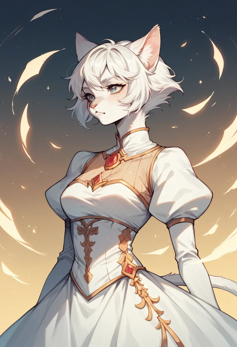 anthro Cat girl,White dress, princes fantasy, short white hair
