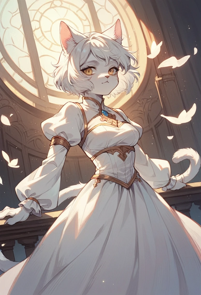 anthro Cat girl,White dress, princes fantasy, short white hair