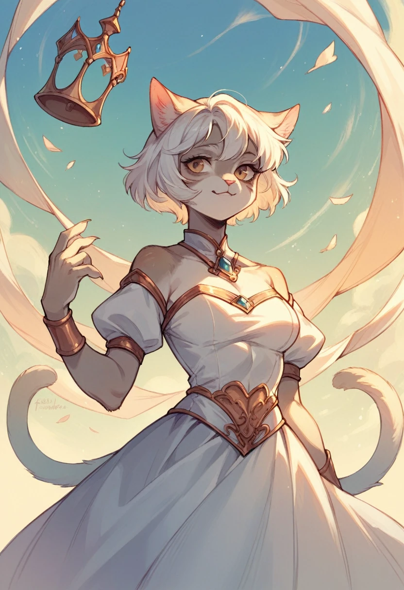 anthro Cat girl,White dress, princes fantasy, short white hair