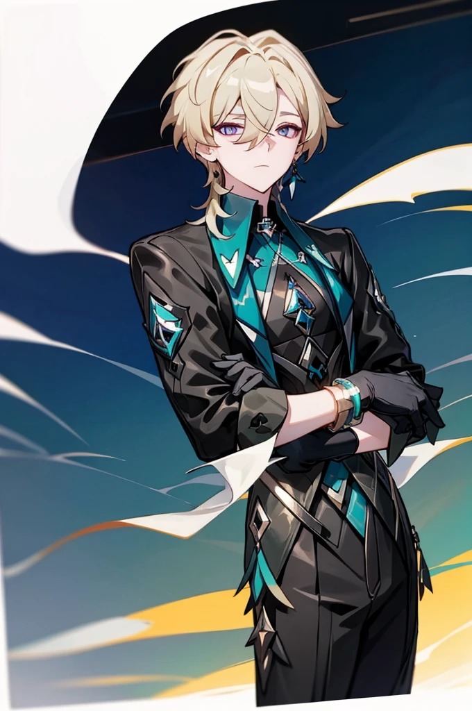 в профиль, портрет, aventurine_\(honkai:_star_rail\),1boy,blonde_hair,short_hair,hair_between_eyes,multicolored_eyes,black_gloves,collared_shirt,earrings,aqua_shirt,fur_trim,bracelet,neck_tattoo,clothing_cutout,two-tone_eyes,
Show less