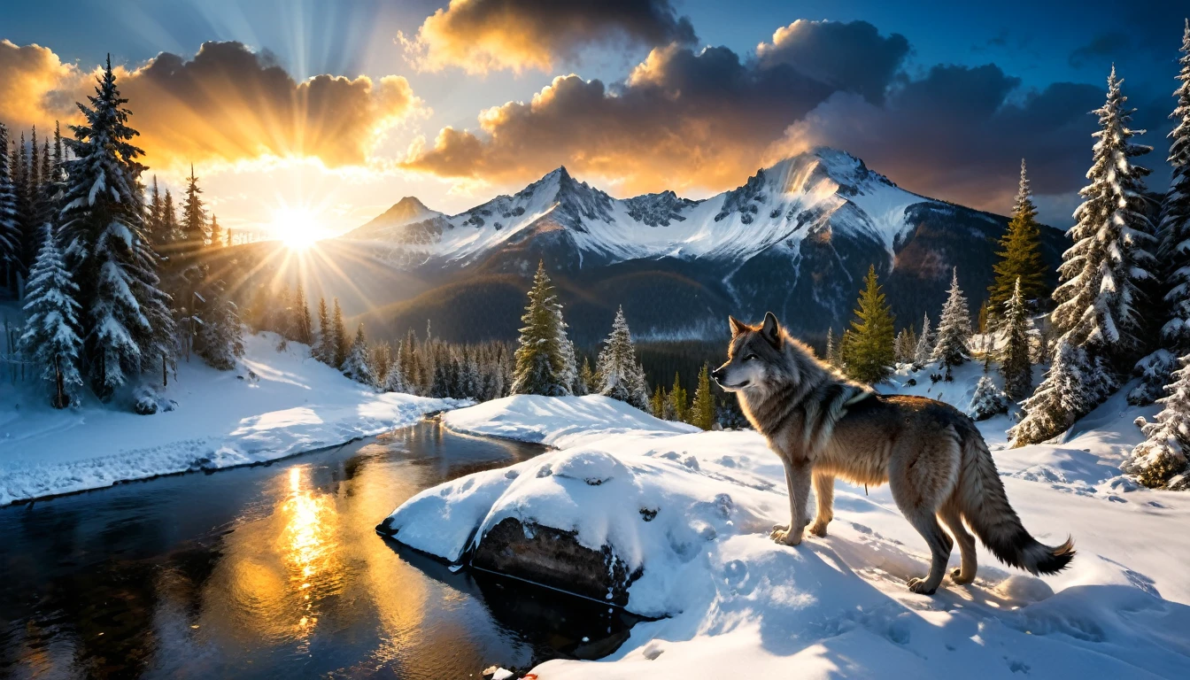 a National Geographic nature shot of a wolf sitting on a snowy mountain, watching the sun rises, the transition between night and day, the snow forest mountain range, a silver (dire wolf: 1.3), sitting on top of a (snowy mountain: 1.4), he sees the forest in the mountains, there pine trees, snow, a river flows between the mountains, the forest is reflected in rays of sunset in river, divine rays, some clouds, sun rays,  (highest quality:1.2, Very detailed, up to date, Vibrant, Ultra-high resolution, High Contrast, masterpiece:1.2, highest quality, Best aesthetics), best details, best quality, highres, ultra wide angle, 16k, [ultra detailed], masterpiece, best quality, (extremely detailed: 1.5), aetherpunkai, Cinematic Hollywood Film style