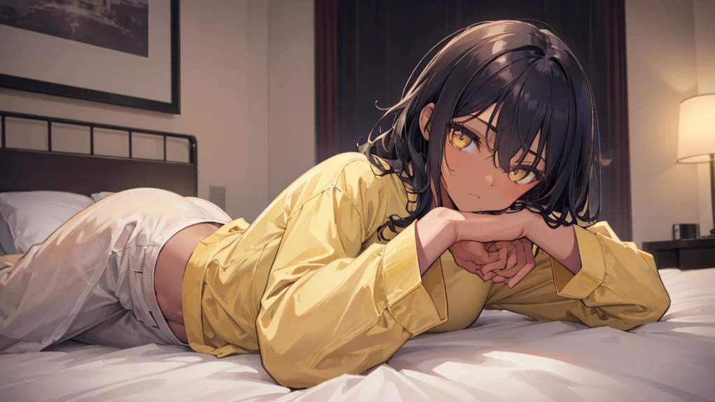 best god quality, Ultra-detailed, perfect Anatomy, (Draw a girl laying in a hotel bed), (lights are off), dark room, room is dark, 1girl, is a soft beautiful tan girl, wearing black pajama shorts, dark skin girl, tan line skin, (dark skin*2), (black + short wavy hair*1.2), Full limbs, complete fingers, groin, Beautiful gold eyes, yellow eyes, well-proportioned tan girl, smug eyes, dark pajama shirt, dark pajama bottoms, in a dark hotel room, High resolution, Best lighting by professional AI, hotel room, lights are off, looking at viewer, (((One girl in middle))), (((SOLO))), (they are laying down in bed) ((bed sheets over body))