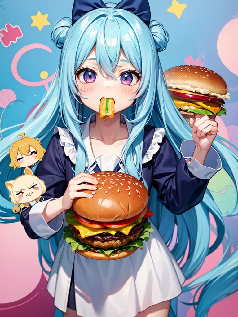 Desperately eating a hamburger bigger than his face、Light blue long hair、Twin-tailed Chibi Character、