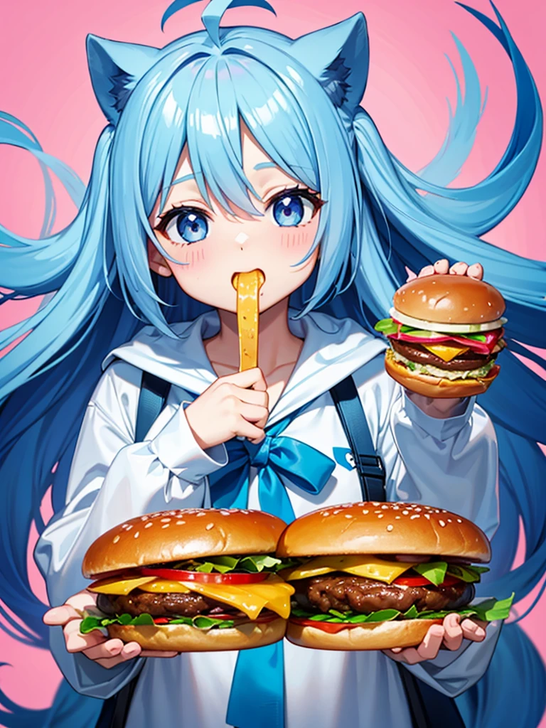 Desperately eating a hamburger bigger than his face、Light blue long hair、Twin-tailed Chibi Character、