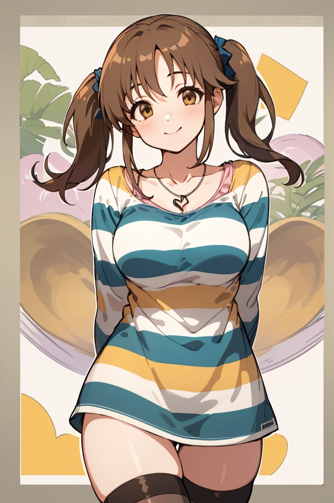 (masterpiece, best quality:1.2), cowboy shot, solo, 1girl, totoki airi, smile, looking at viewer, head tilt, arms behind back, twintails, striped shirt, thighhighs, jewelry, heart necklace,big breasts,thigh