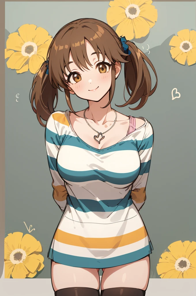 (masterpiece, best quality:1.2), cowboy shot, solo, 1girl, totoki airi, smile, looking at viewer, head tilt, arms behind back, twintails, striped shirt, thighhighs, jewelry, heart necklace,big breasts,thigh