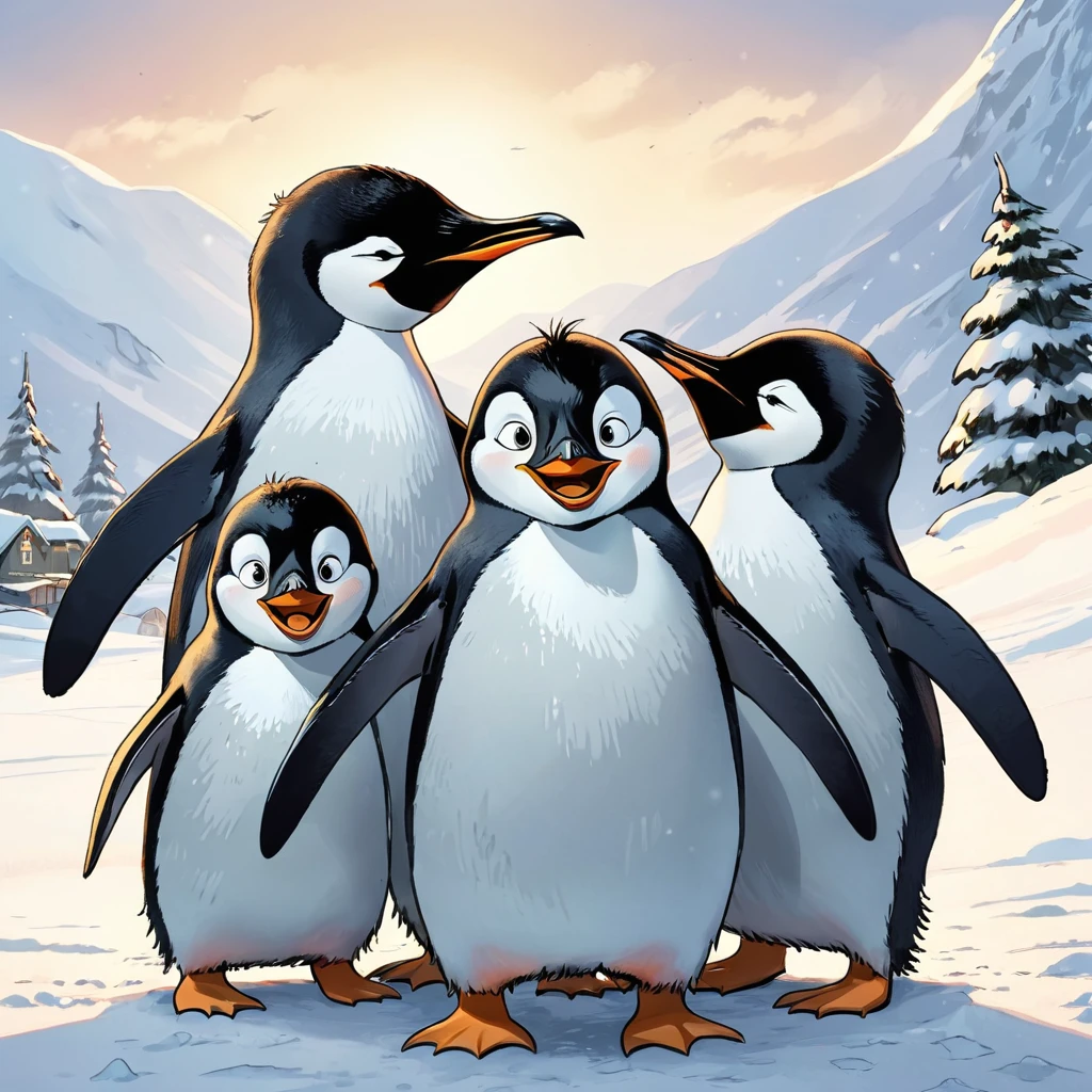  The three penguin children Fridolin, Fips and Frieda, At the foot of the hill they landed in a big pile of snow and laughed