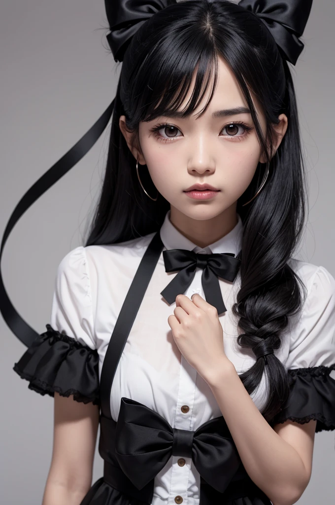 A character with messy black hair and a ribbon in the middle