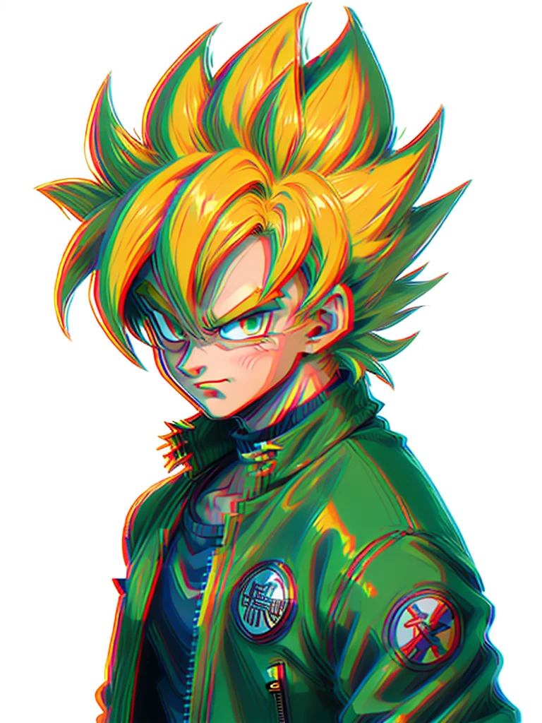 1man, solo, (masterpiece), best quality, ultra-detailed, Son Goku from Dragon Ball Z, super saiyan hair, yellow hair, Retro style, full body. fashion cloth, jean jacket, fancy, portrait, upper body, face detail, eyes detail: 1.3, simple background, green eyes, orange shirt, white background.
