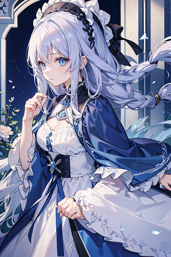 A woman with silver hair and blue eyes、Long, fluffy wavy hair、Braiding、I'm in bed、Wearing lingerie、garter belt、race、Classy and elegant