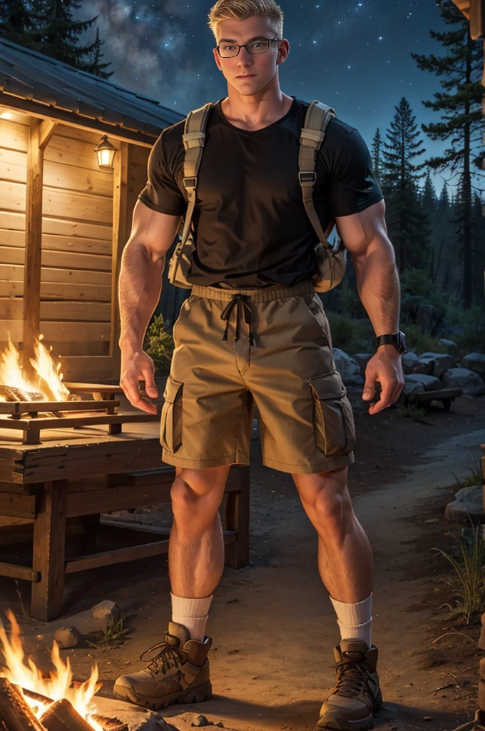 Full body shot, photorealistic full body an 18 year old muscular handsome blond young manly topless Caucasian man with shaved brown hair, Five Clock Shadow, Blue eyes and black-rimmed glasses，Wearing a tan camp counselor wet white shirt and black cargo shorts, White socks, and tan hiking boots and a tall、Muscular 24 year old white young man，With blond shaved hair, Green eyes, Wearing a tan camp counselor shirt and dark brown cargo shorts，White socks, and tan hiking boots on logs in front of a campfire at night. Sexy, male, muscular, like