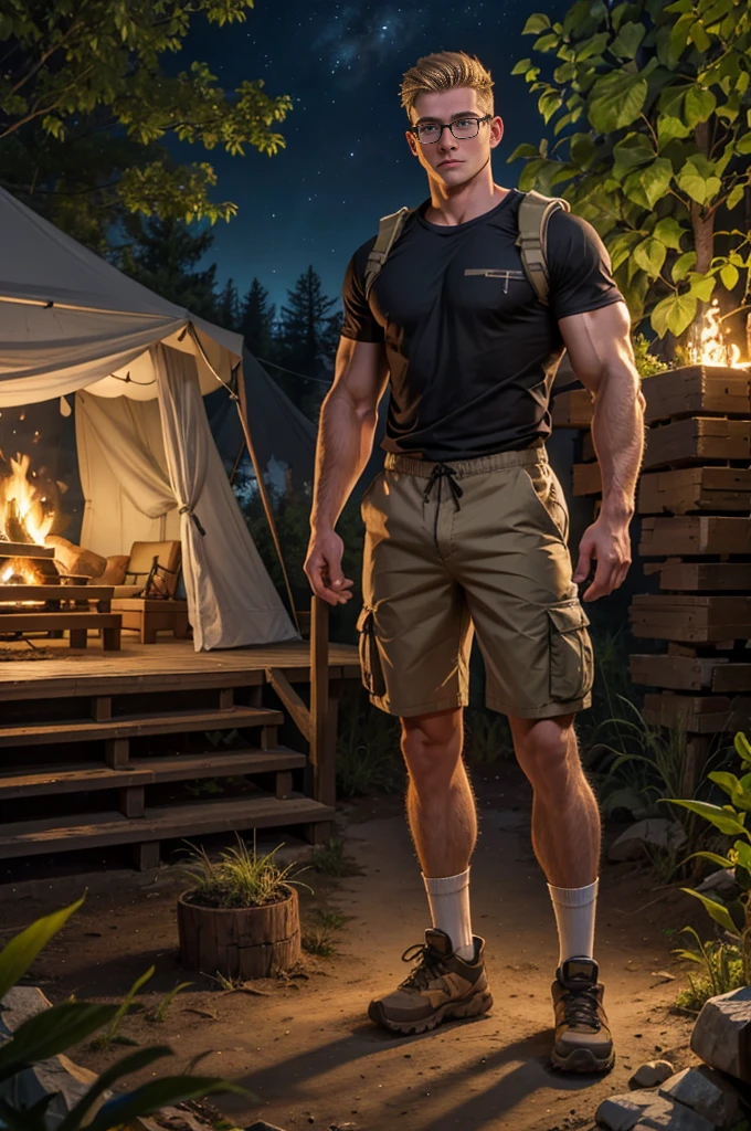 Full body shot, photorealistic full body an 18 year old muscular handsome blond young manly topless Caucasian man with shaved brown hair, Five Clock Shadow, Blue eyes and black-rimmed glasses,Wearing a tan camp counselor wet white shirt and black cargo shorts, White socks, and tan hiking boots and a tall、Muscular 24 year old white young man,With blond shaved hair, Green eyes, Wearing a tan camp counselor shirt and dark brown cargo shorts,White socks, and tan hiking boots on logs in front of a campfire at night. Sexy, male, muscular, like