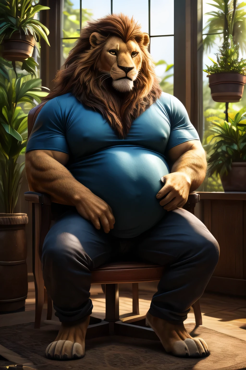 a very obese male lion with a long blond mane, extreme big and fat belly, extremely detailed eyes, feline hands, feral paws, long fur, heavy body hair, wearing a very tight shirt and tight cargo pants, sitting on a homemade chair in an indoor greenhouse, front view, (best quality,8k,highres,masterpiece:1.2),ultra-detailed,(realistic,photorealistic,photo-realistic:1.37),HDR,UHD,studio lighting,ultra-fine painting,sharp focus,physically-based rendering,extreme detail description,professional,vivid colors,bokeh,cinematic,extremely detailed eyes and face, correct anatomy