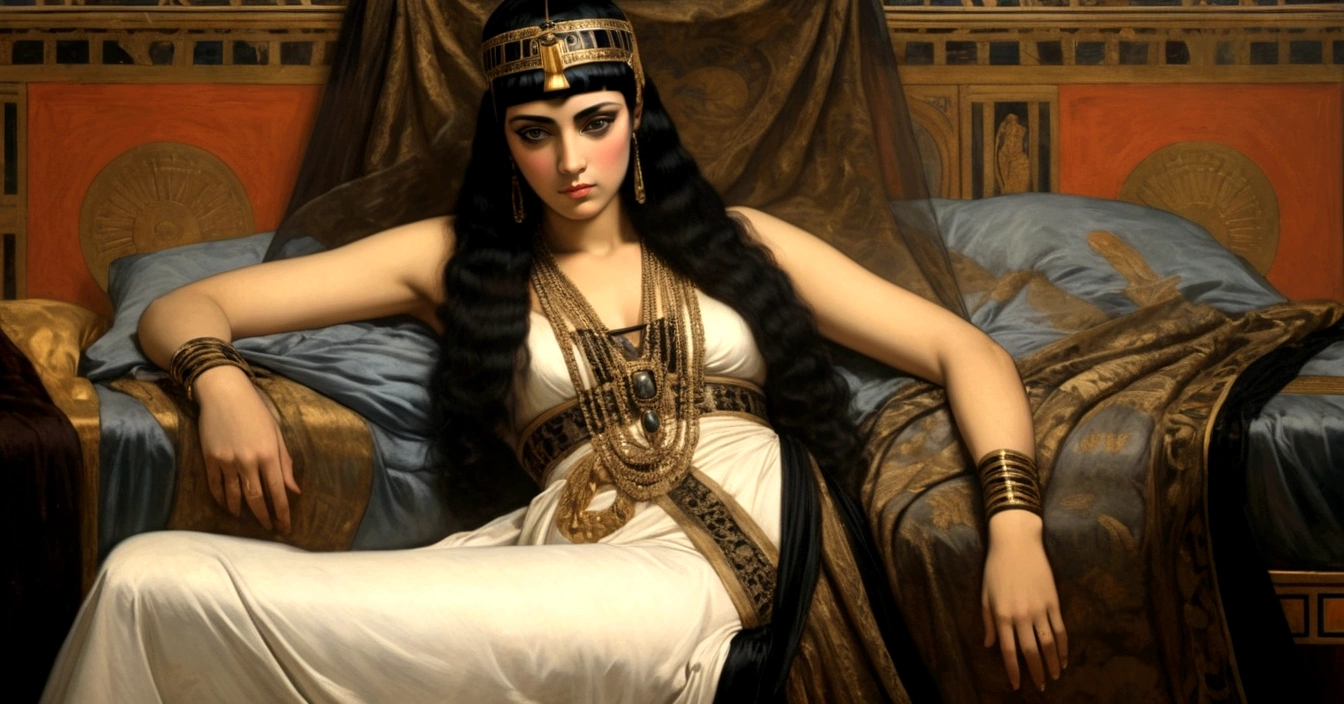 Renaissance painting of Cleopatra lying on her bed dressed in her sensual black dress, her black lace dress, she is beautiful and perfect, looking provocative.