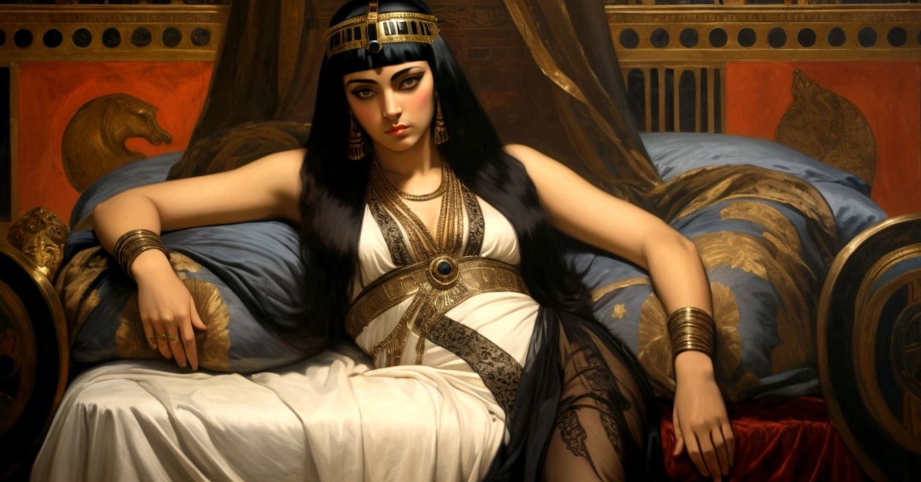 Renaissance painting of Cleopatra lying on her bed dressed in her sensual black dress, her black lace dress, she is beautiful and perfect, looking provocative.