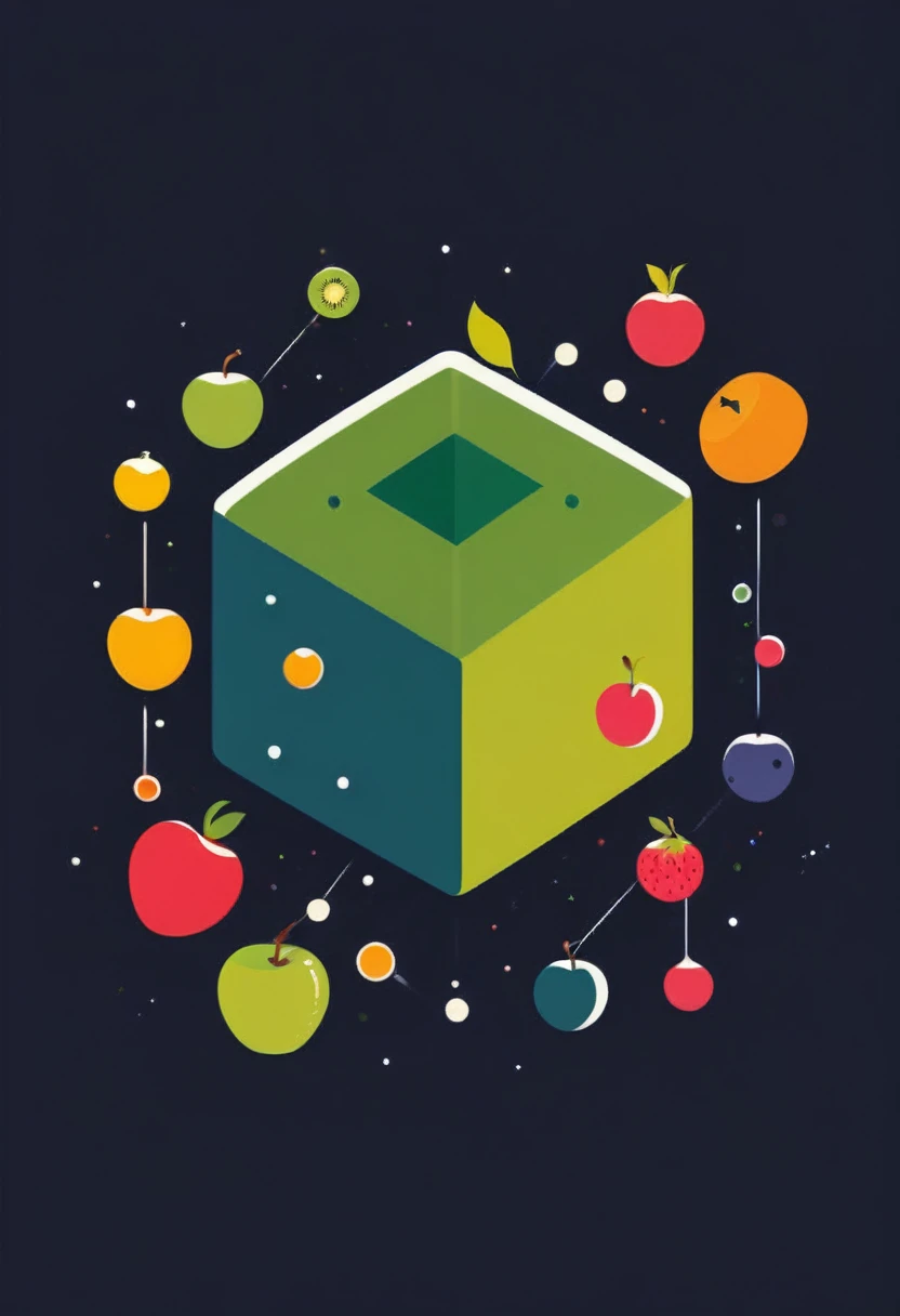 square fruit surrounded by atoms in one piece style 