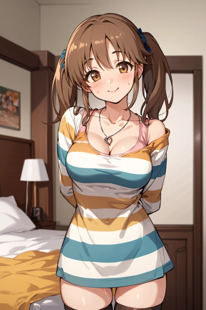 (masterpiece, best quality:1.2), cowboy shot, solo, 1girl, totoki airi, smile, looking at viewer, head tilt, arms behind back, twintails, striped shirt, thighhighs, jewelry, heart necklace,big breasts,thigh,sweating,my room,cleavage